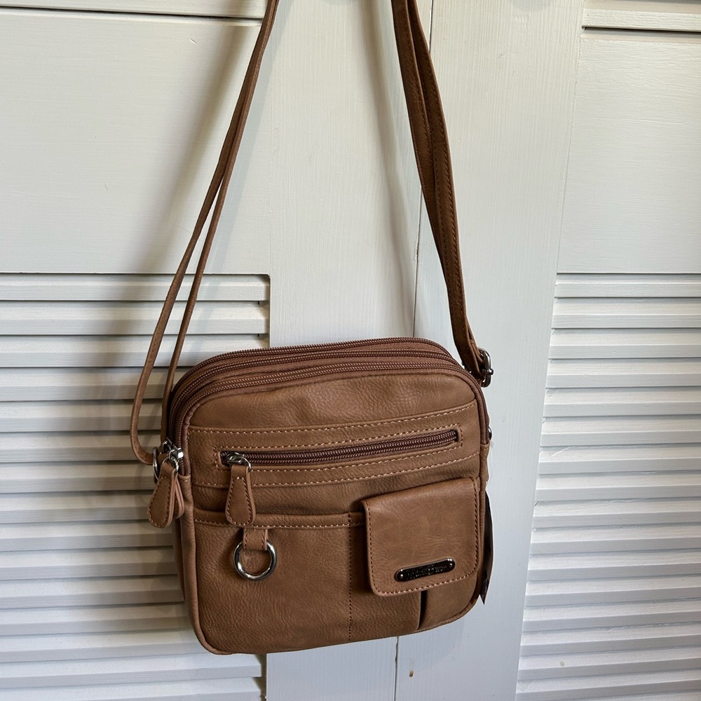 Brown Faux Leather Crossbody Bag multi compartments MultiSac